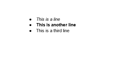Three lines bullet point list. The secong line is in bold. Text is copy tested to the second line, also in bold.